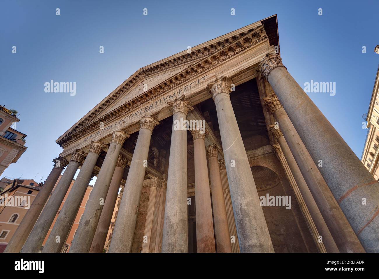 Portico of the Pantheon in Rome showing Corinthian columns. Stock Photo