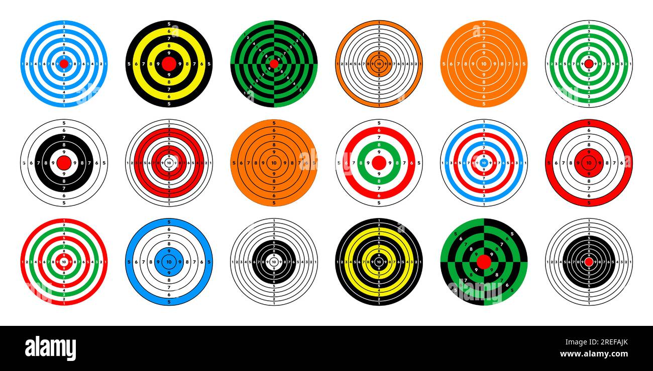 Shooting range paper targets. Round target with divisions, marks and numbers. Archery, gun shooting practise and training, sport competition and Stock Vector