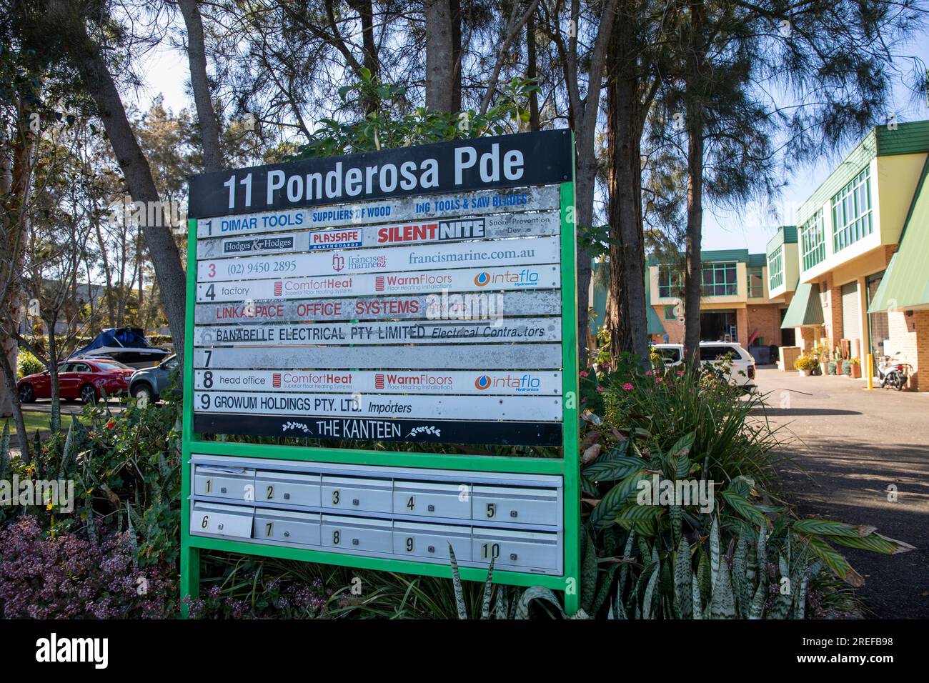 Industrial business park in Warriewood, Sydney,Australia with business naming board Stock Photo