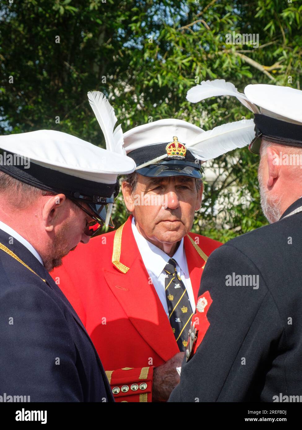 The Kings's Swan Marker, David Barber MVO, at the annual Swan Upping on the River Thames, 2023 with a white Swan's feather in his cap Stock Photo