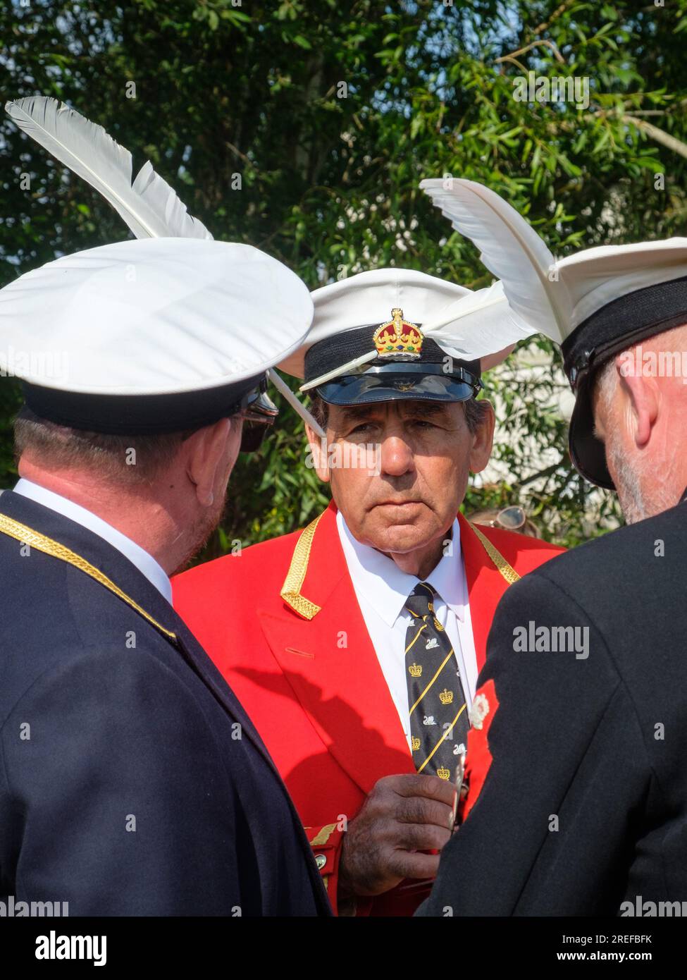 The Kings's Swan Marker, David Barber MVO, at the annual Swan Upping on the River Thames, 2023 with a white Swan's feather in his cap Stock Photo