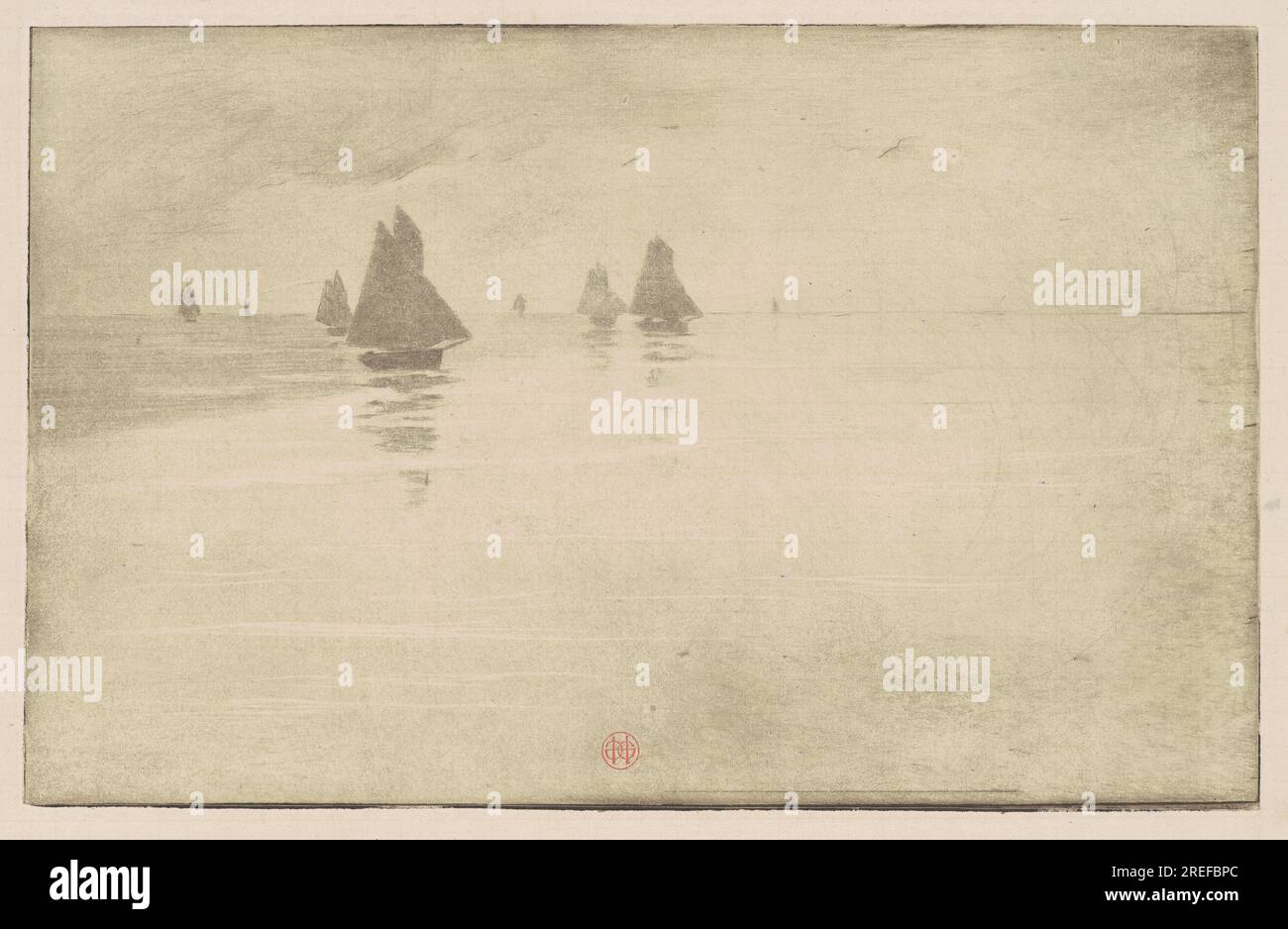 'Henri-Charles Guérard, Boats in a Morning Fog, c. 1887, etching, aquatint, and roulette on simili Japan, plate: 14.7 × 23.6 cm (5 13/16 × 9 5/16 in.) sheet: 23.2 × 31 cm (9 1/8 × 12 3/16 in.), Ailsa Mellon Bruce Fund, 2015.190.1' Stock Photo