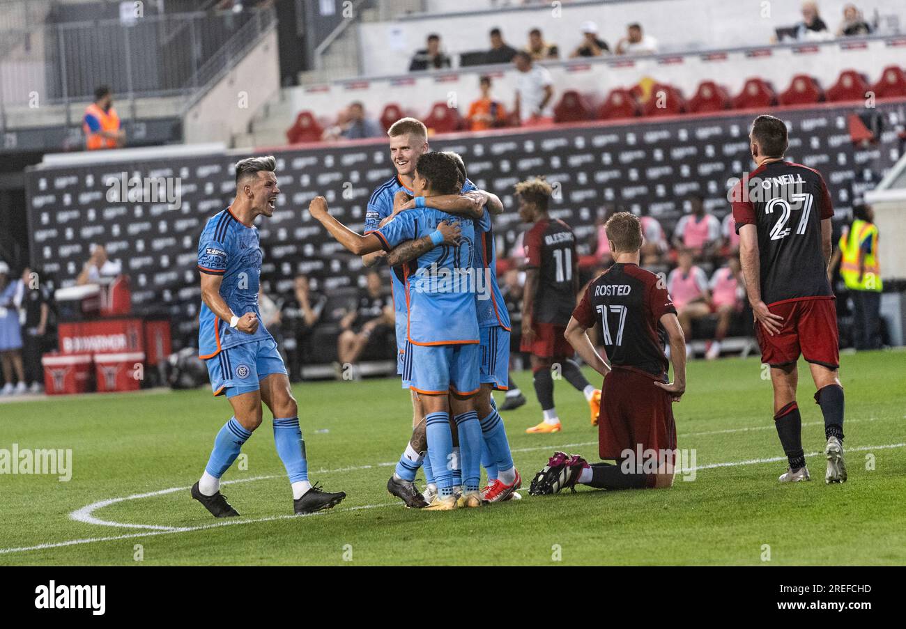 NYCFC players celebrate goal scored by Andres Jasson (not pictured ...