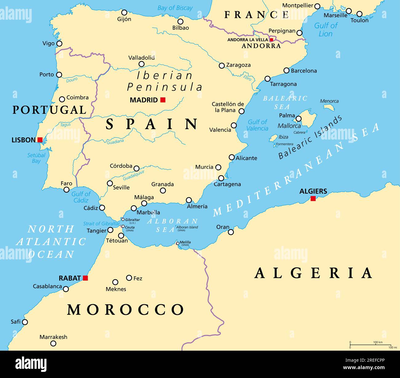 West Mediterranean, political map. Iberian Peninsula, bordered by North Atlantic and Mediterranean Sea, separated from Africa by Strait of Gibraltar. Stock Photo