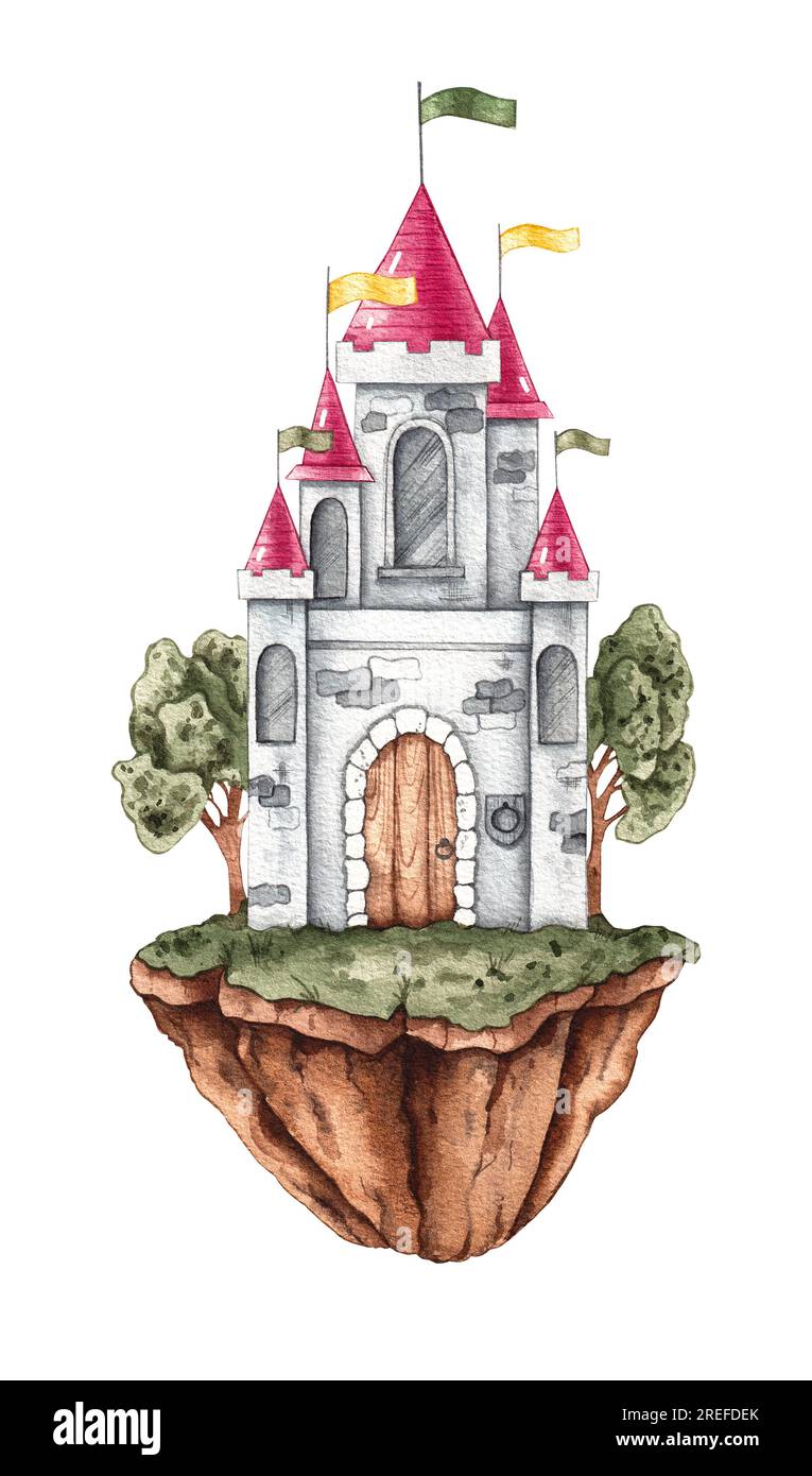 Watercolor hand drawn castle in the air. Palace isolated on white background. Fairy palace illustration for design cards, invitations, fabric stickers Stock Photo