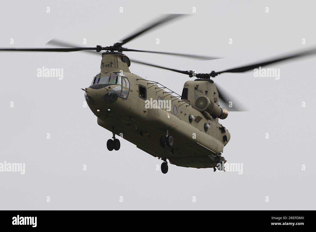 D-483, a Boeing CH-47F Chinook heavy-lift helicopter operated by the Royal Netherlands Air Force (RNLAF), arriving at RAF Fairford in Gloucestershire, England to participate in the Royal International Air Tattoo 2023 (RIAT 2023). Stock Photo