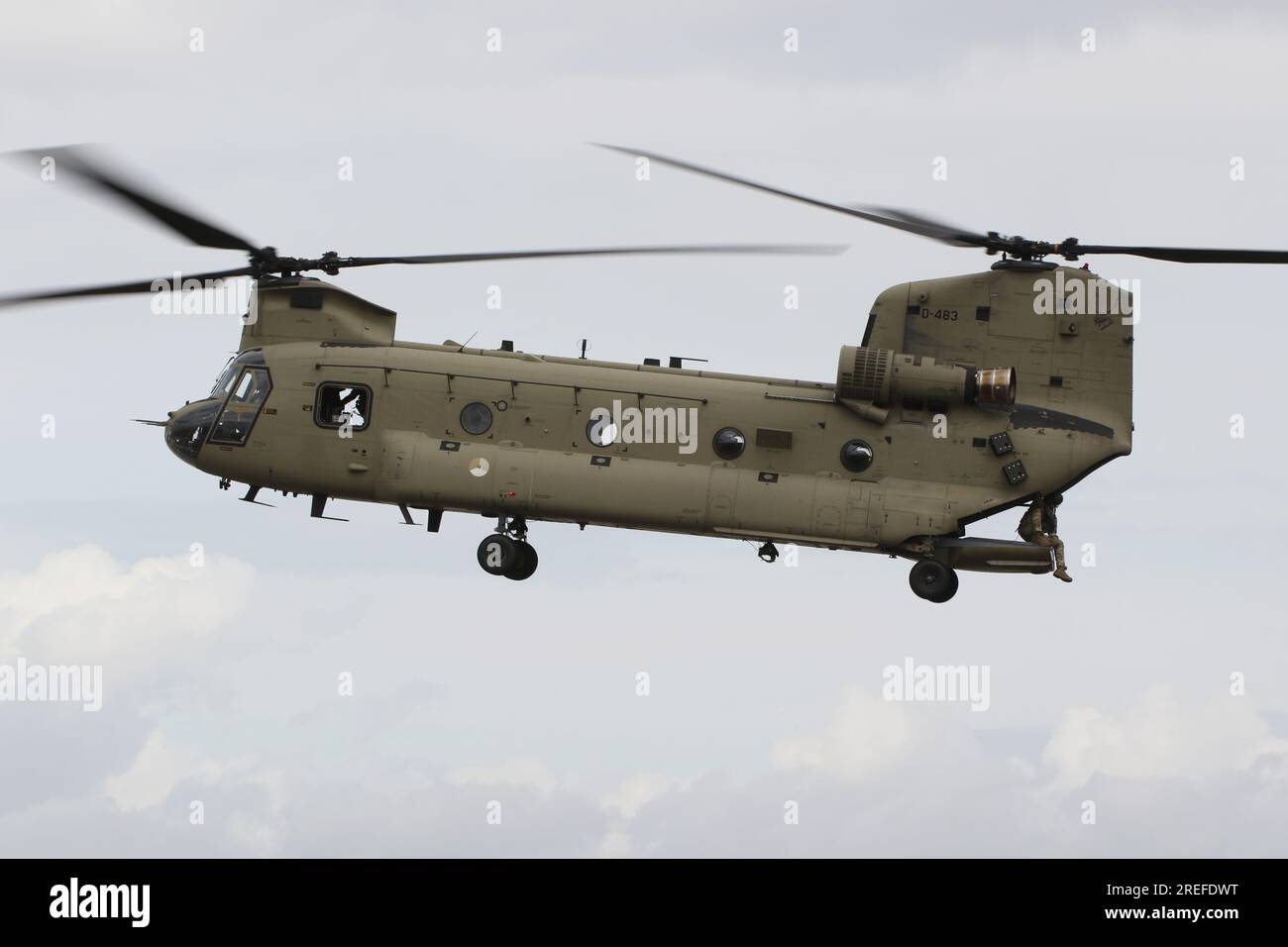 D-483, a Boeing CH-47F Chinook heavy-lift helicopter operated by the Royal Netherlands Air Force (RNLAF), arriving at RAF Fairford in Gloucestershire, England to participate in the Royal International Air Tattoo 2023 (RIAT 2023). Stock Photo