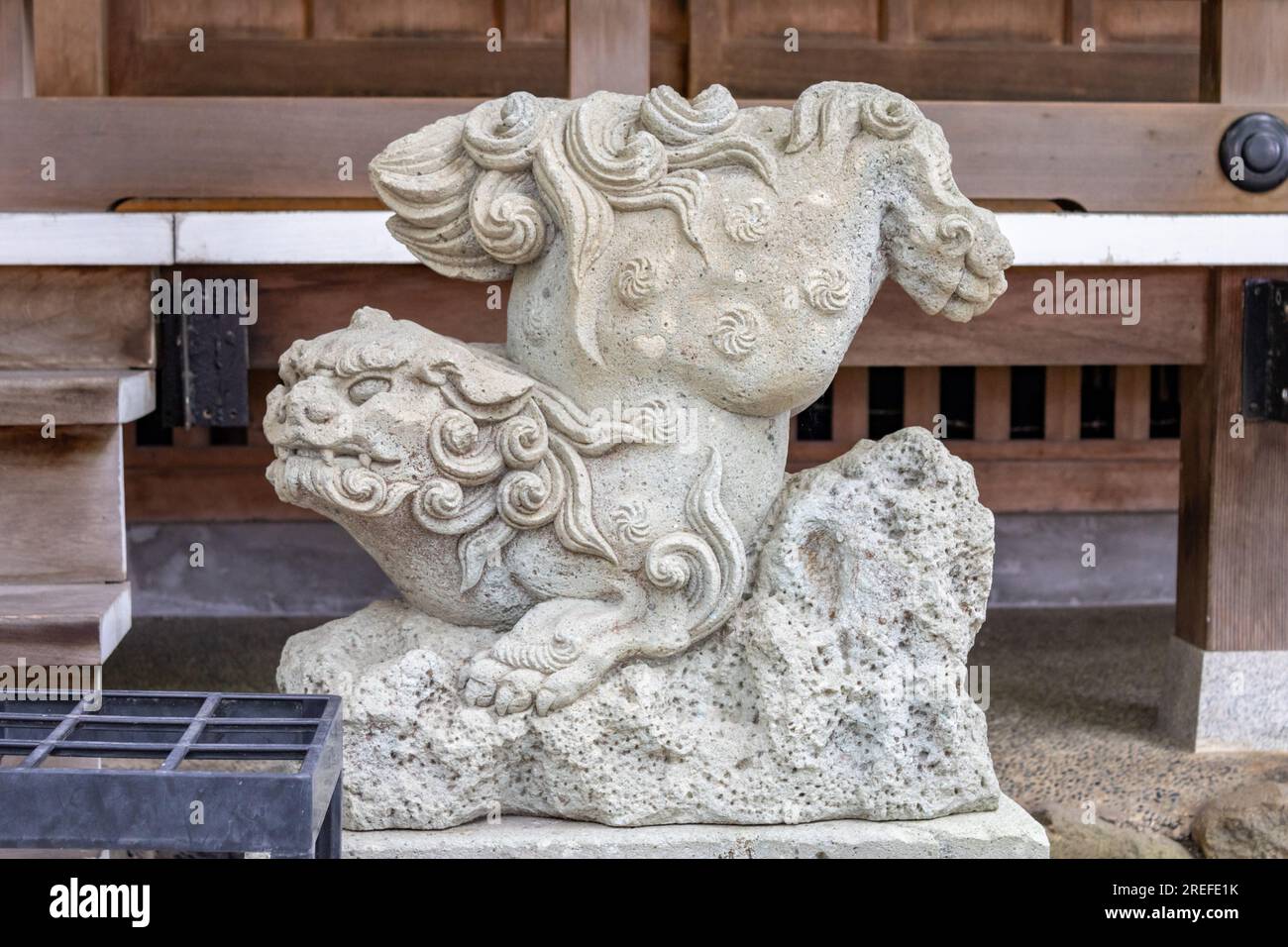 Komainu, or liondog, statue at Kasuga jinja shinto shrine, Kanazawa