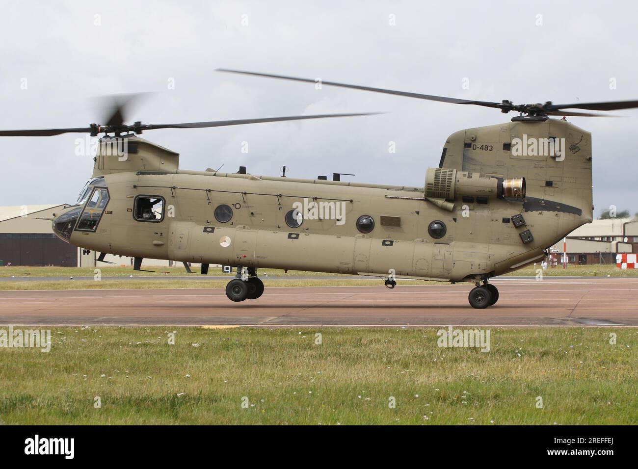 D-483, a Boeing CH-47F Chinook heavy-lift helicopter operated by the Royal Netherlands Air Force (RNLAF), arriving at RAF Fairford in Gloucestershire, England to participate in the Royal International Air Tattoo 2023 (RIAT 2023). Stock Photo