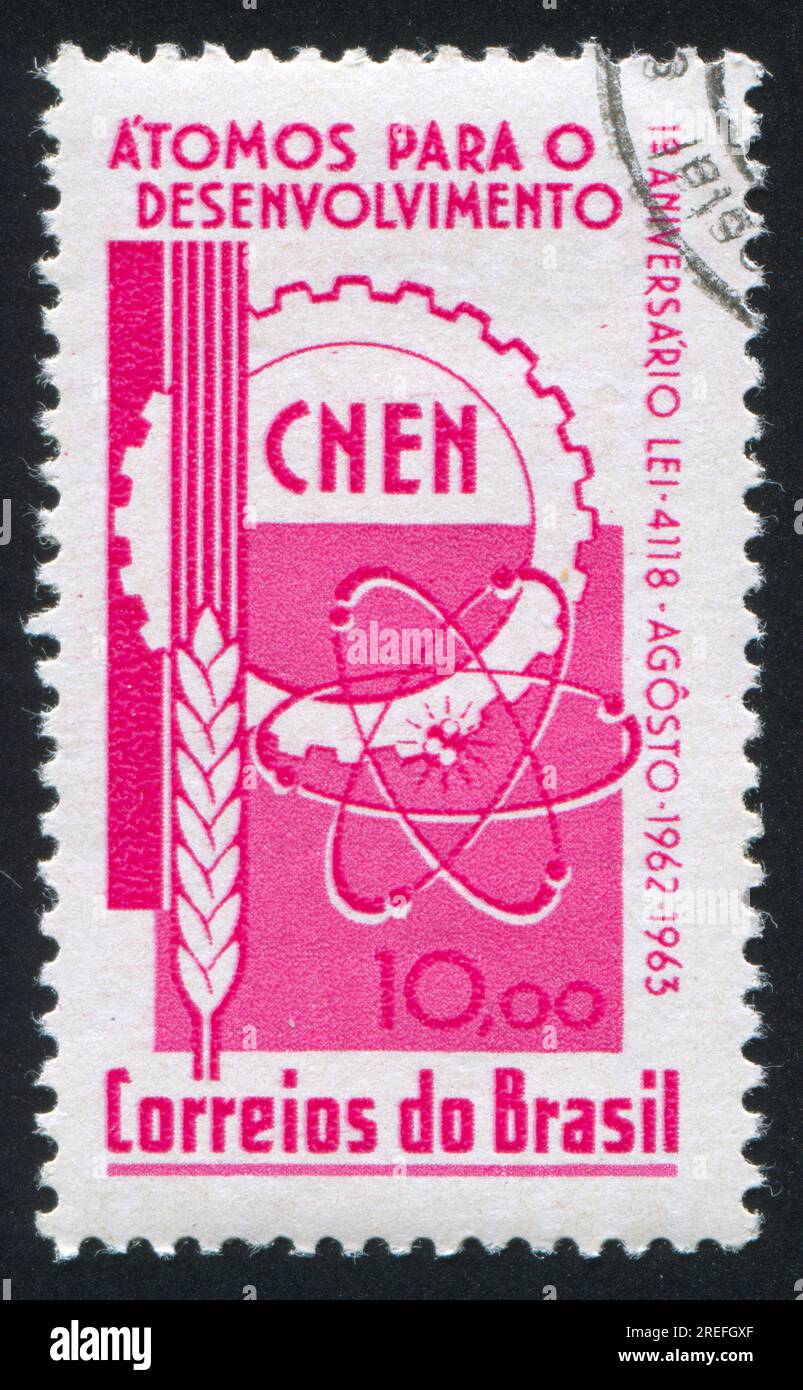 BRAZIL - CIRCA 1963: stamp printed by Brazil, shows  Symbols of Agriculture Industry and Atomic Energy, circa 1963 Stock Photo