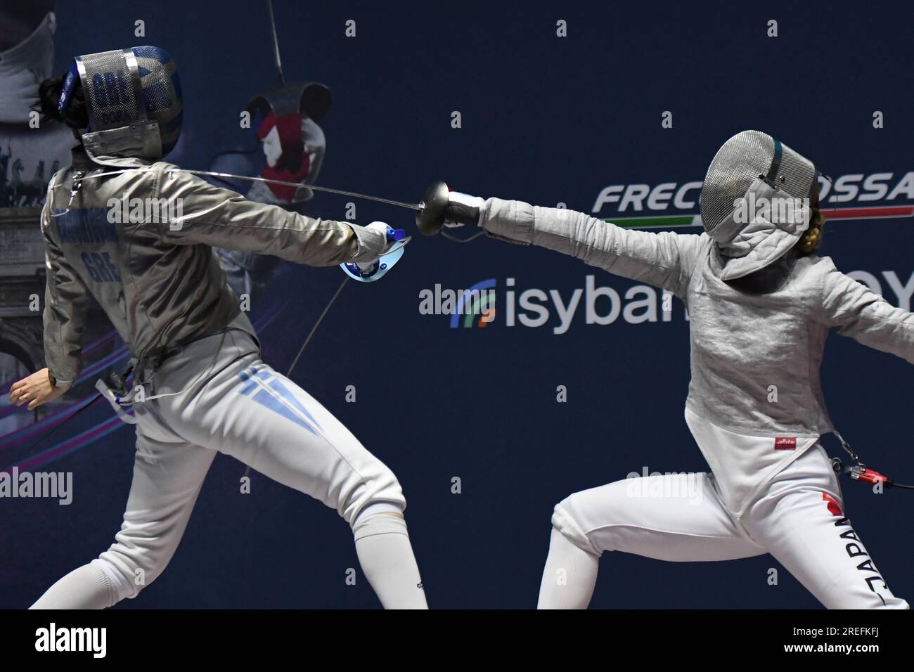 Misaki Emura of Japan (R) fights against Theodora Gkountoura of Greece