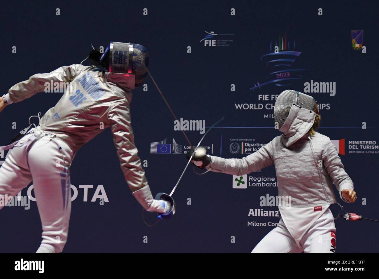 Misaki Emura of Japan (R) fights against Theodora Gkountoura of Greece