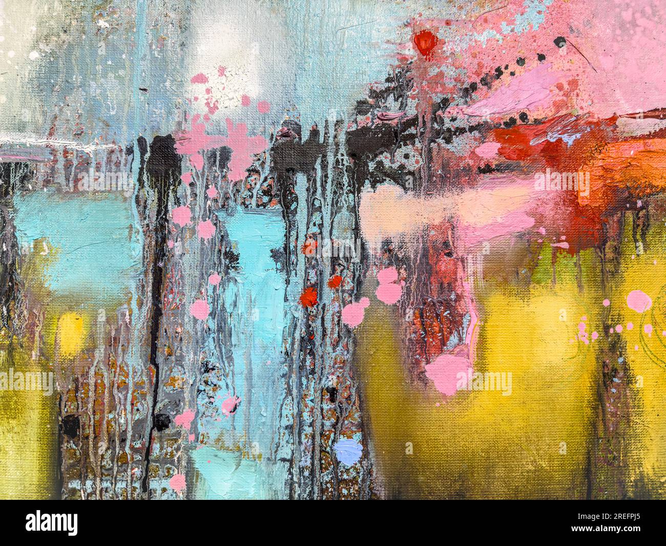 abstract hand painted canvas with vibrant bright color blots, paints splashes and paints leaking down Stock Photo
