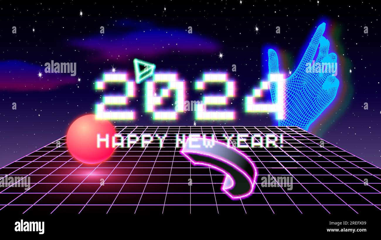 2024 New Year sign with glitched glowing pixels and abstract 90s styled