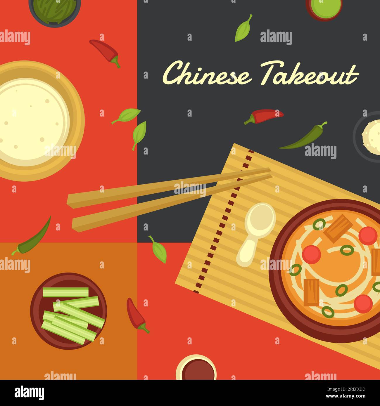 Asian food takeout chinese dishes and meal. Served bowl with noodles and coconut milk, cucumber