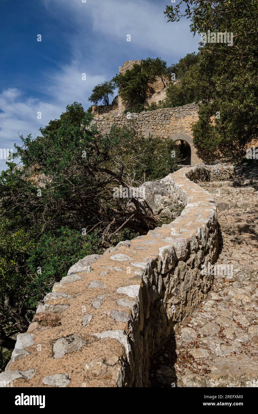 cobbled path to the castle of Alaro, Alaro, Mallorca, Balearic Islands, Spain Stock Photo