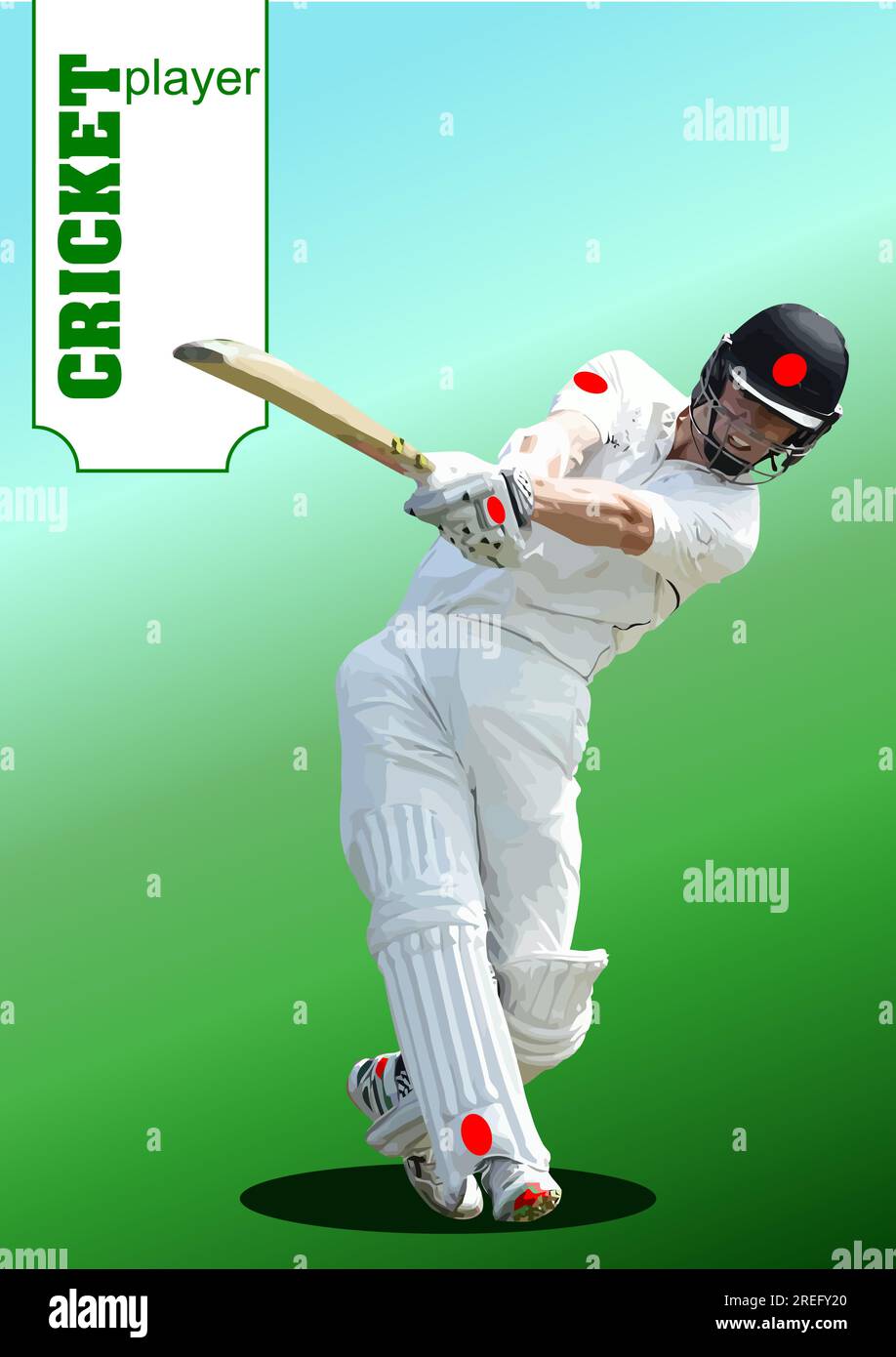 Cricket player batsman on white-green  background. 3d color vector illustration Stock Vector