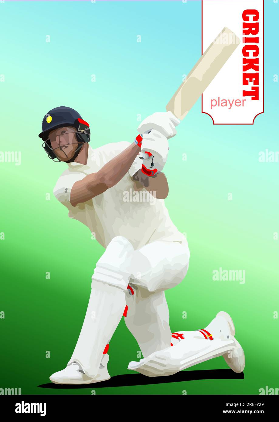 Cricket player batsman on white-green  background. 3d color vector illustration Stock Vector