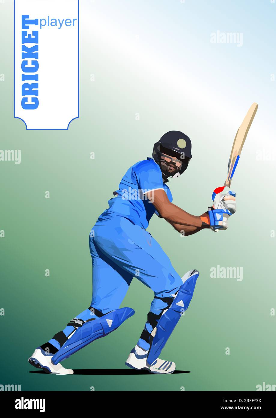 Cricket player batsman on white-green  background. 3d color vector illustration Stock Vector