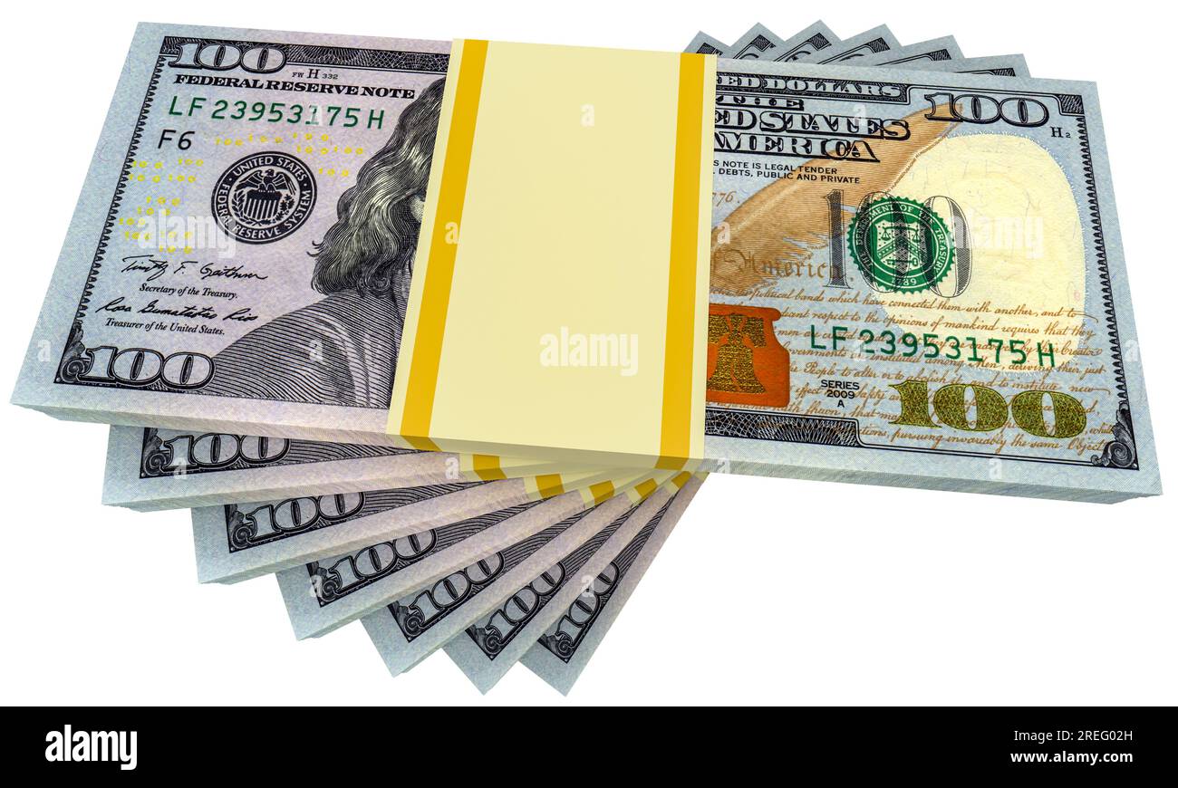 Money stacks from dollars isolated on white background. Dollar finance conceptual. Stock Photo