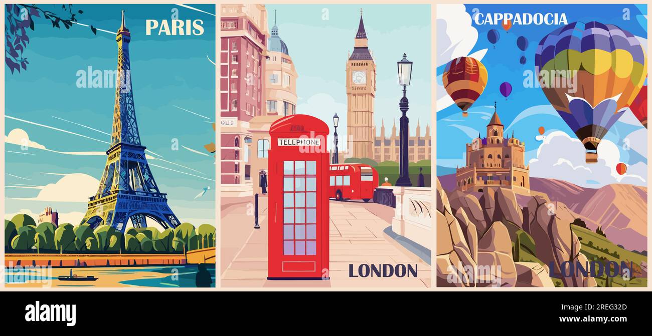 Paris, London, Cappadocia travel poster vector art Stock Vector