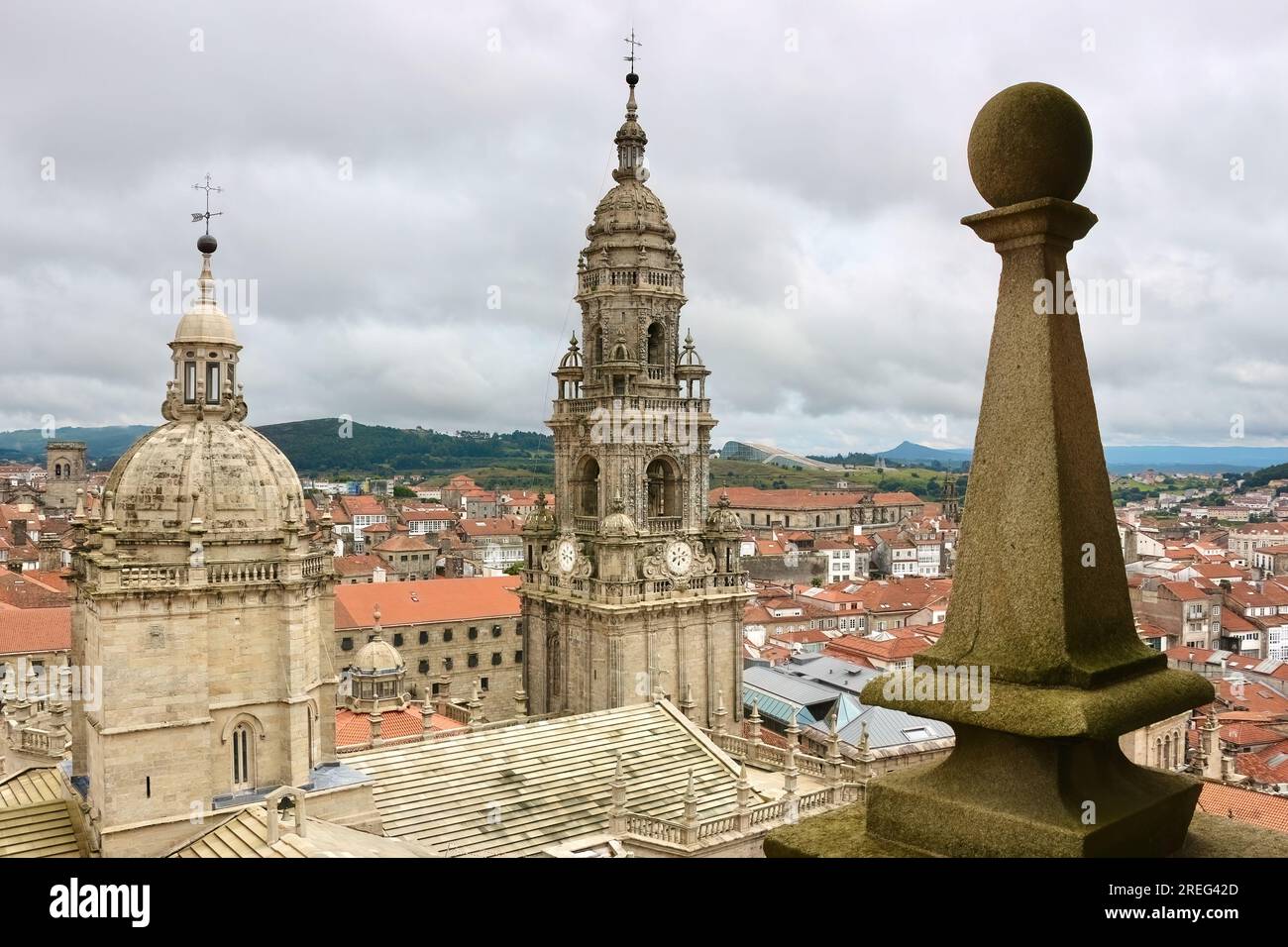 Rooftop view of the clock tower Santiago de Compostela Archcathedral Basilica Santiago de Compostela Galicia Spain Stock Photo