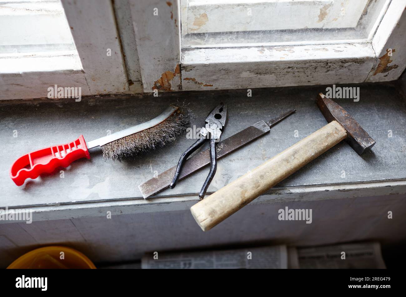 Repairing old damaged window or dismantling before installing new, closeup. Repairing a window