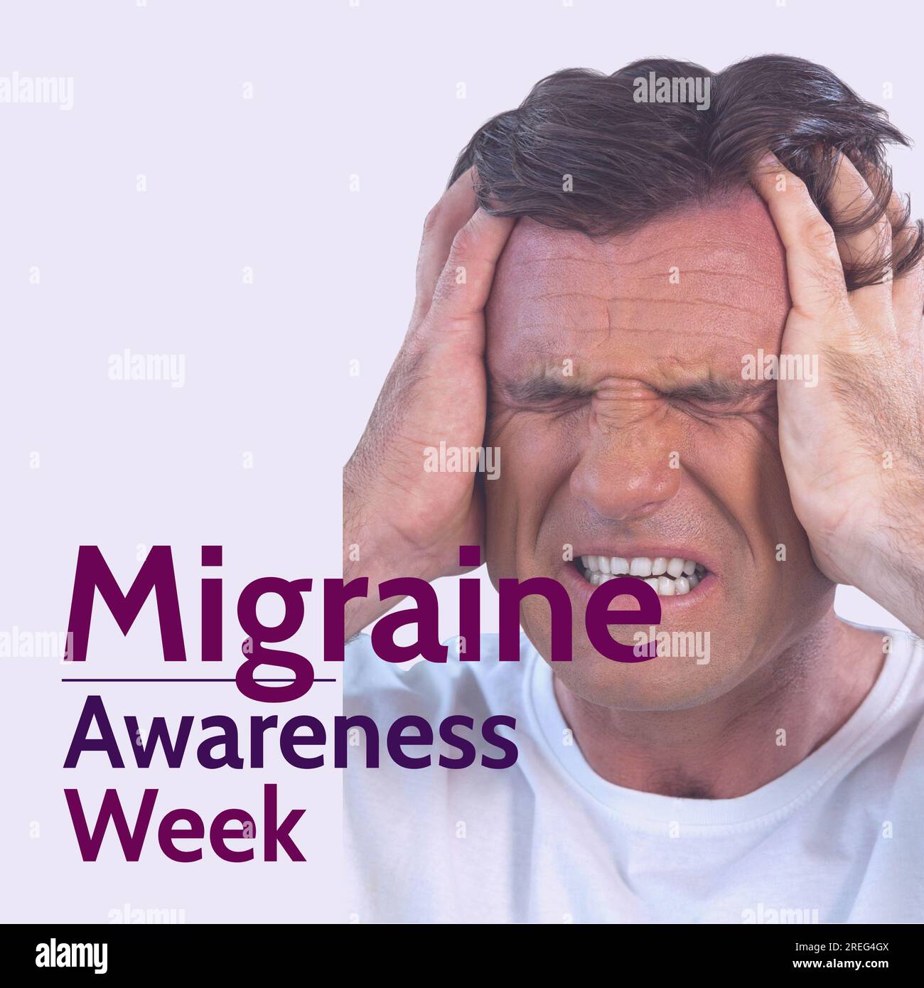Migraine awareness week text in purple over caucasian man clutching head in pain Stock Photo