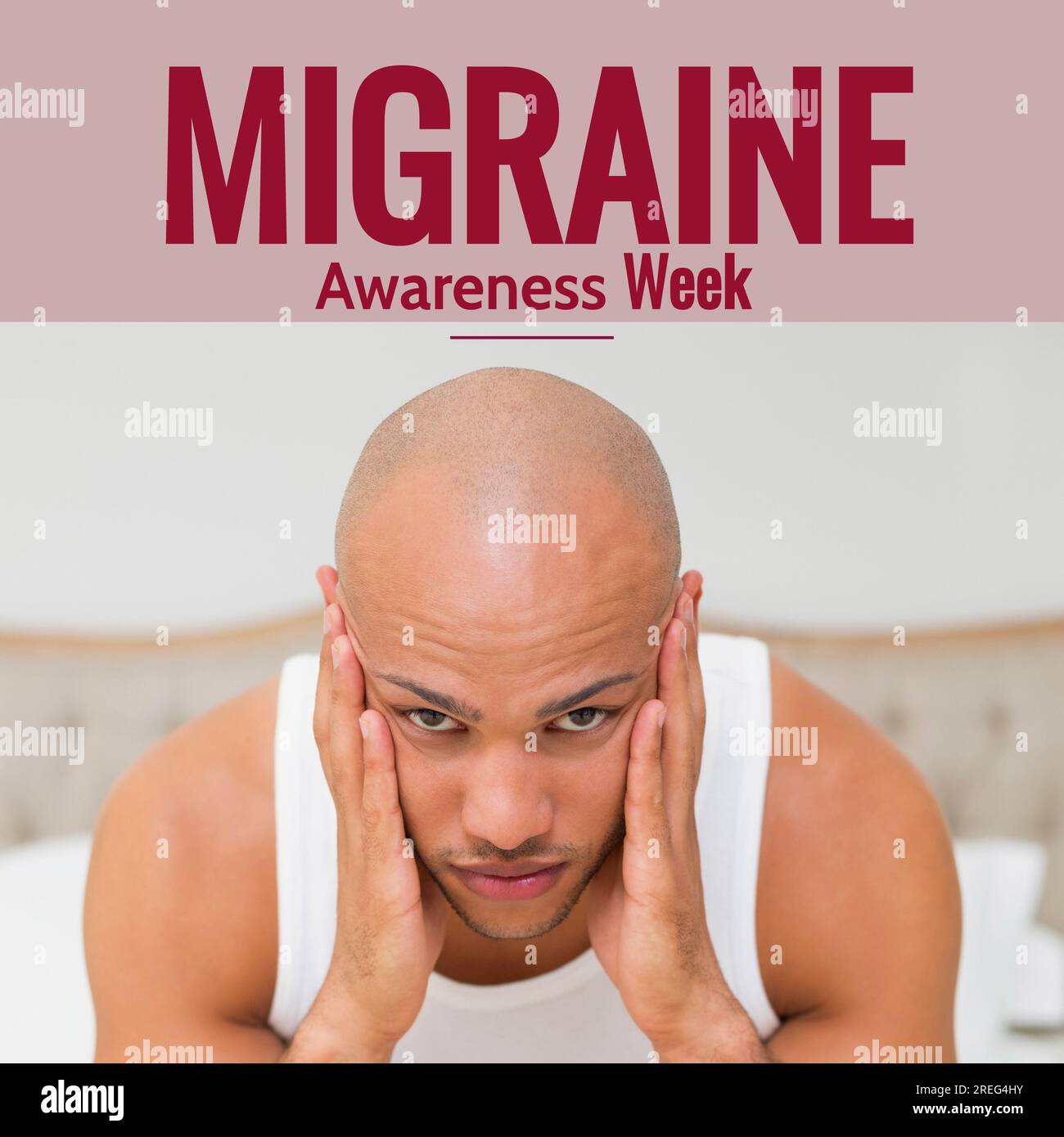 Migraine awareness week text in red over bald biracial man holding head in pain Stock Photo
