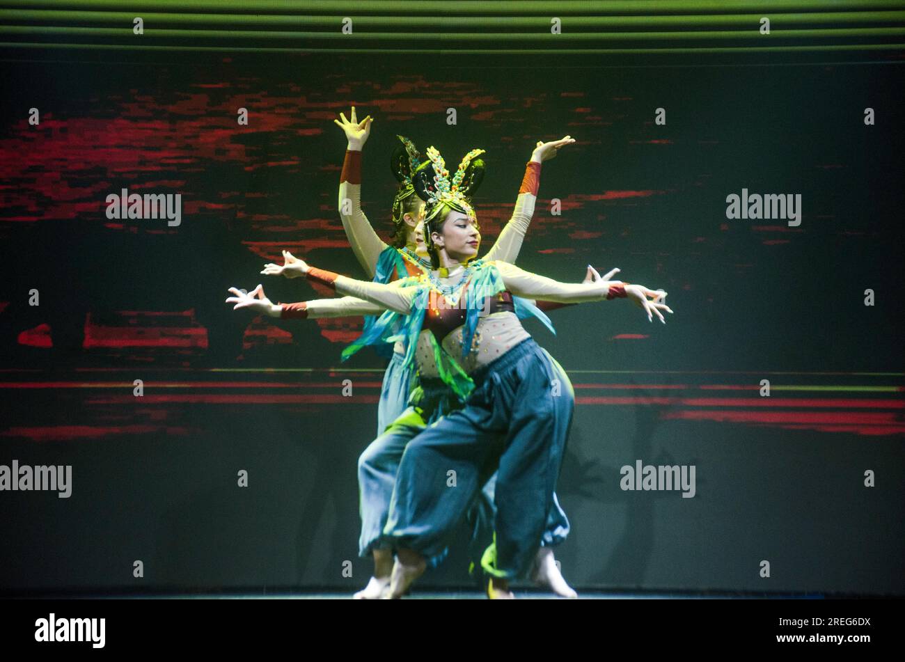 Bandung, Indonesia. 27th July, 2023. Acrobats of China's Xinjiang Art Theater Muqam Art Troupe perform in Bandung, Indonesia, July 27, 2023. The art troupe presented its first performance in Jakarta, capital of Indonesia, on July 19, and will travel to other cities until August 10. Credit: Septianjar Muharam/Xinhua/Alamy Live News Stock Photo