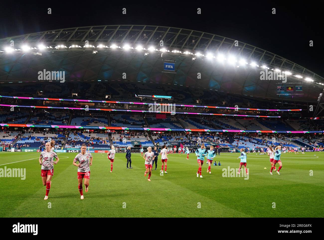 Denmark players warming up ahead of the FIFA Women's World Cup 2023, Group D match at the Sydney Football Stadium in Moore Park, Australia. Picture date: Friday July 28, 2023. Stock Photo