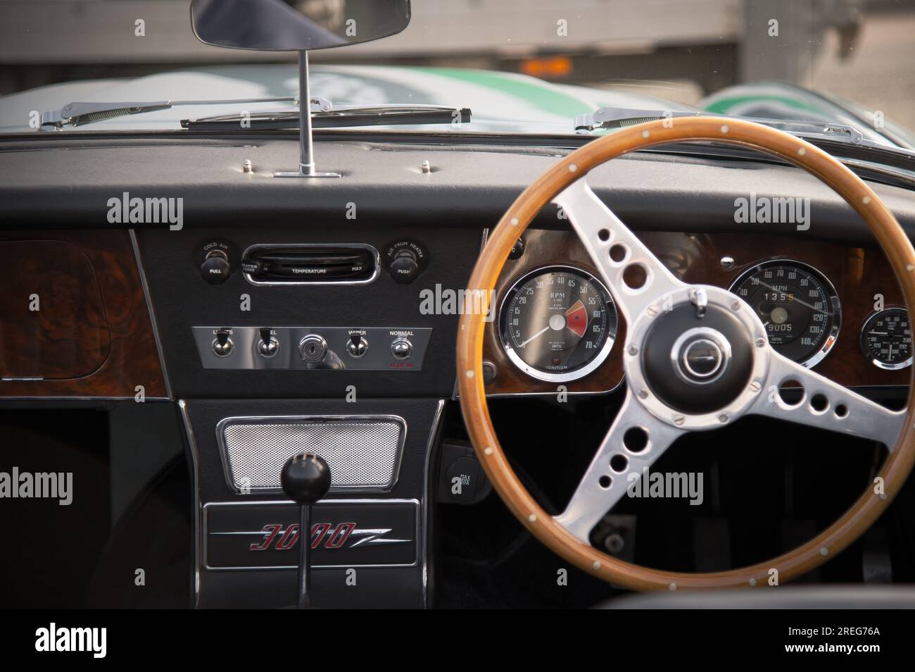 Dash board, gears and steering wheel of a Austin Healey 3000 Stock