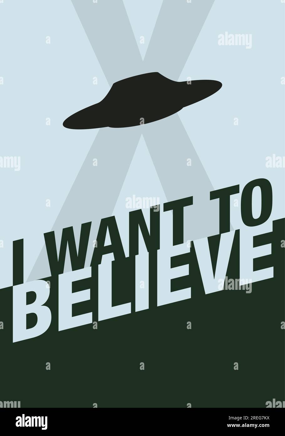 Vector drawing I want to believe X Files poster movie series ufo aliens fox muller dana scully 90's science fiction simple original decorative artwork Stock Vector