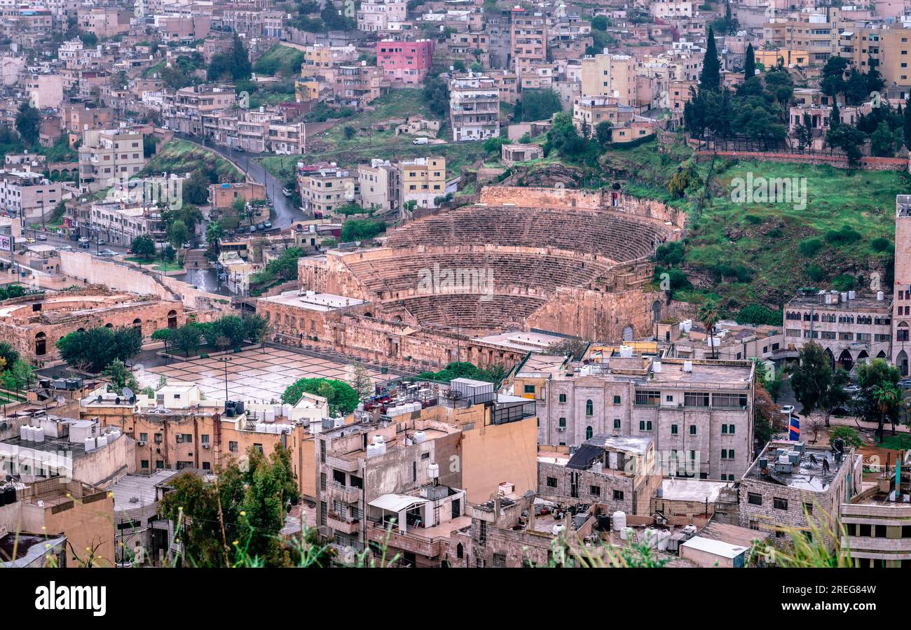 The Roman Theater and Odeon, the Hashemite Plaza and the downtown area seen from the Citadel Hill. In Amman, Jordan. Stock Photo