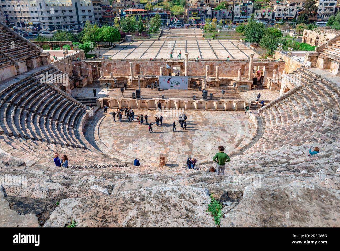 Panoramic view of the Roman Theatre and the Hashemite Plaza, located in the eastern part of Amman, the cpaital of Jordan Stock Photo