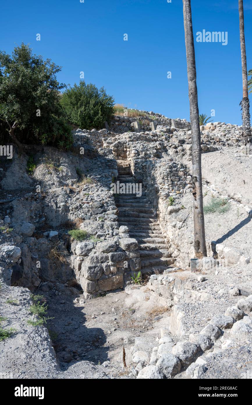 Ancient water hole for collecting rain water Tel Megiddo National park. Megiddo is a tel (hill) made of 26 layers of the ruins of ancient cities in a Stock Photo