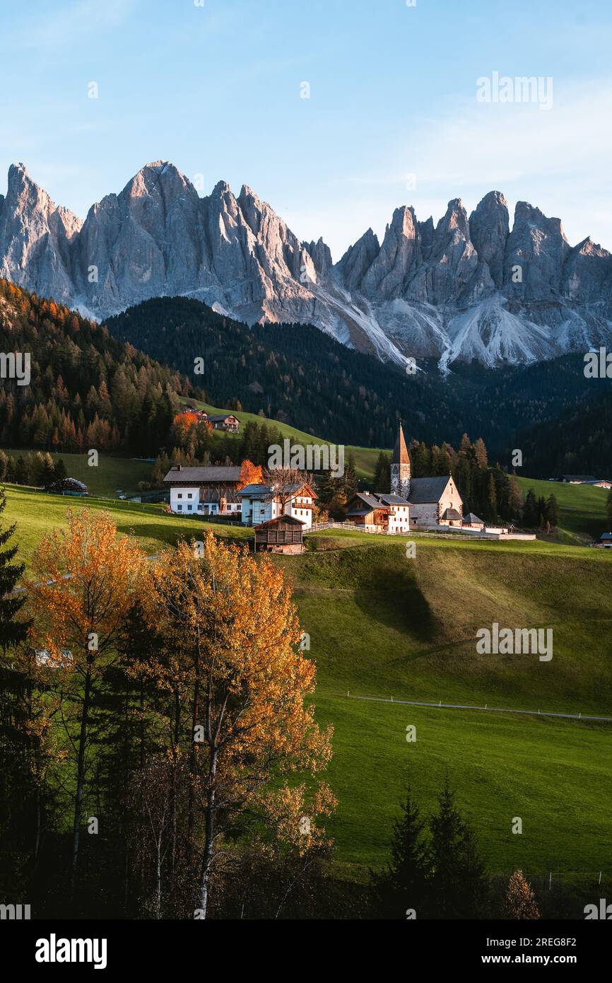 Beautiful landscape shot of church in Santa Maddalena Magdalena Dolomites Italy Stock Photo