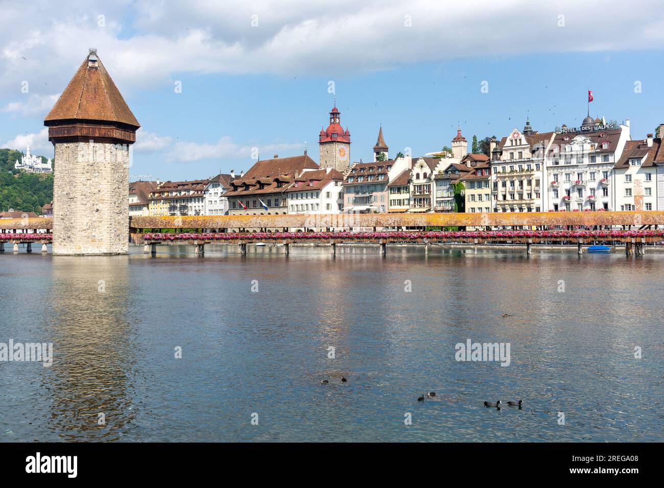 The Kapellbrücke (Chapel Bridge) and  its Wasserturm (Water Tower), City of Lucerne (Luzern), Lucerne, Switzerland Stock Photo