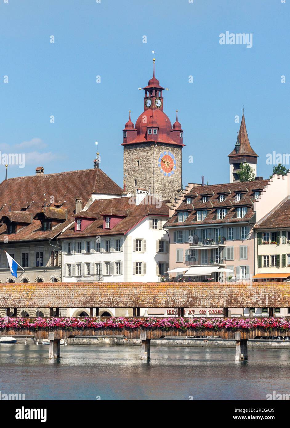 Town Hall Clock Tower and The Kapellbrücke (Chapel Bridge) across River