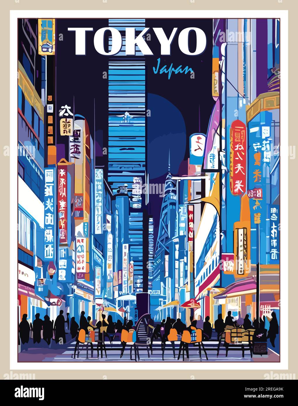 Tokyo Japan Travel Destination Poster. Exotic travelling, summer vacation, holidays concept. Night city, megapolis vector colorful illustration Stock Vector