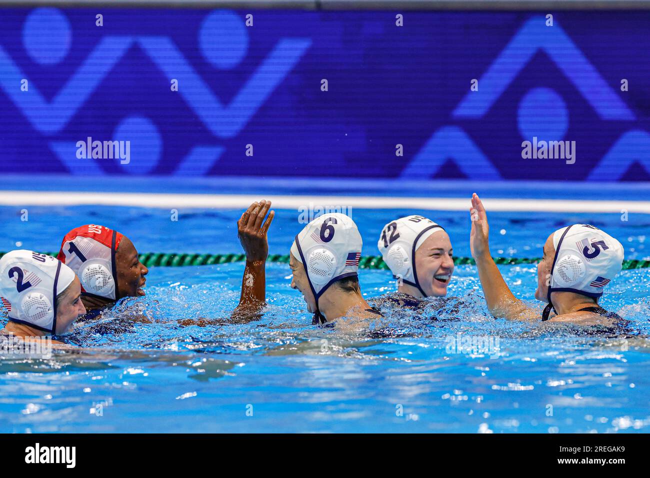 Fukuoka, Japan. 28th July, 2023. FUKUOKA, JAPAN - JULY 28: Ashleigh Johnson of USA, Madeline Musselman of USA, Maggie Steffens of USA, Jordan Raney of USA celebrate during the World Aquatics Championships 2023 Women's Waterpolo 5th-6th place decider match between USA and Hungary on July 28, 2023 in Fukuoka, Japan (Photo by Albert ten Hove/Orange Pictures) Credit: Orange Pics BV/Alamy Live News Stock Photo