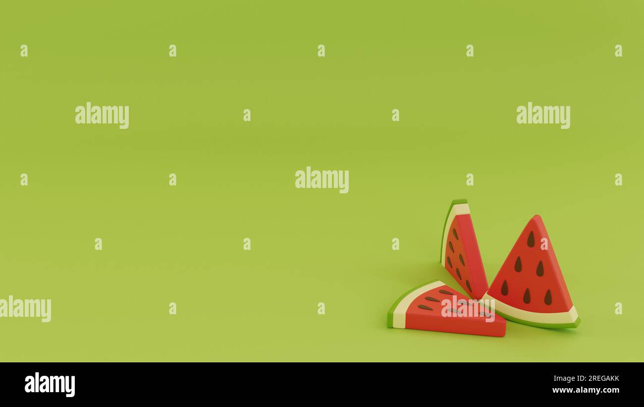 Red sliced watermelon with green rind and seeds on green background. 3D ...