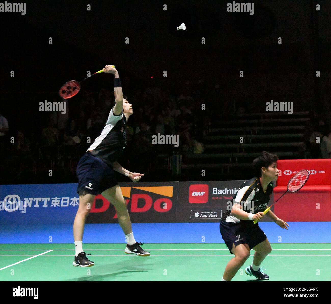 Tokyo, Japan. 28th July, 2023. Feng Yanzhe (L)/Huang Dongping of China compete during a mixed doubles quarterfinal against Ko Sung-hyun/Eom Hye-won of South Korea at the Japan Open Badminton Championships 2023 in Tokyo, Japan, July 28, 2023. Credit: Yang Guang/Xinhua/Alamy Live News Stock Photo