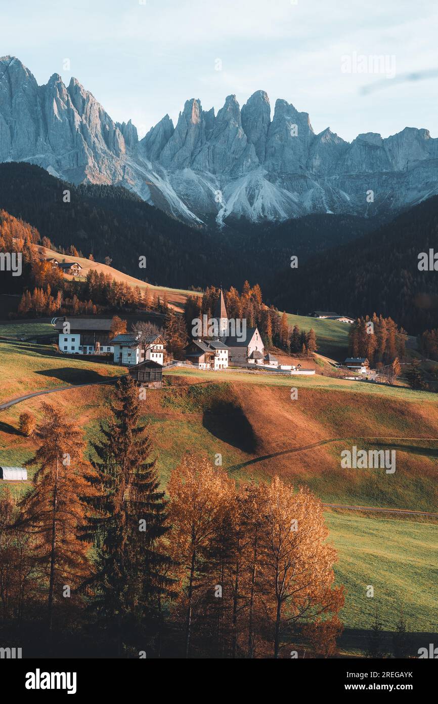 Beautiful landscape shot of church in Santa Maddalena Magdalena Dolomites Italy Stock Photo