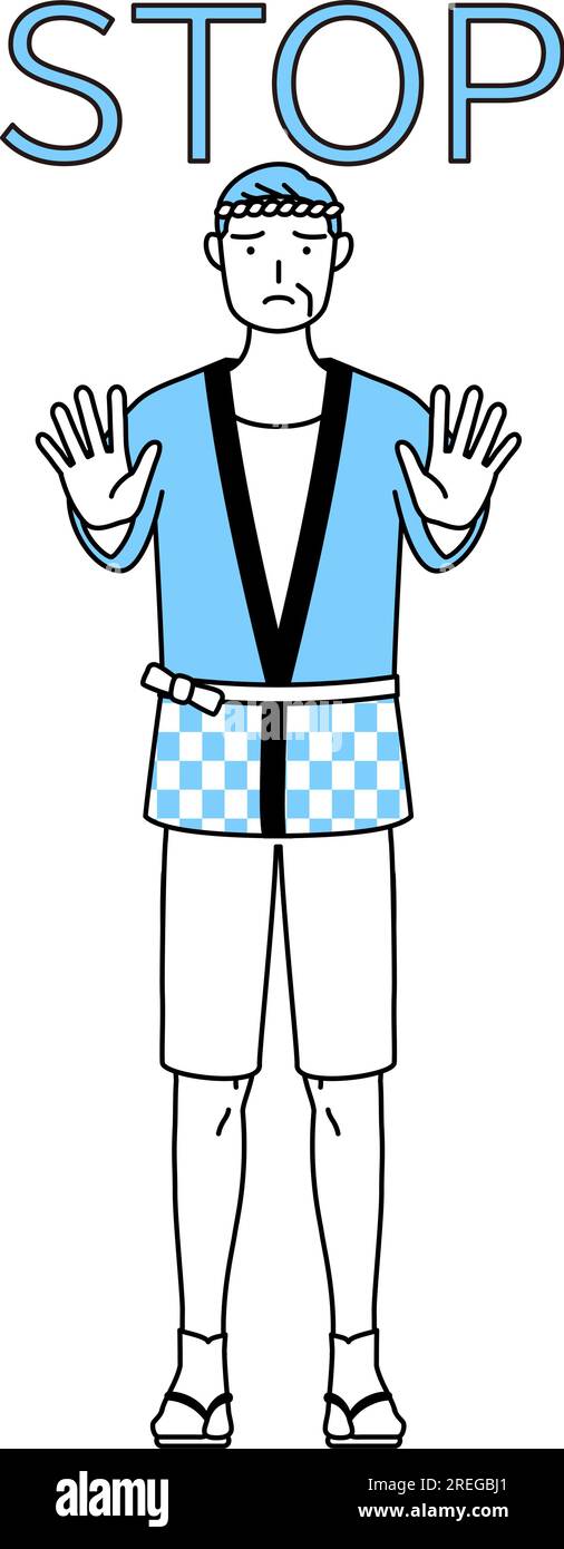 Senior man wearing Happi coat for summer festivals with his hands out ...