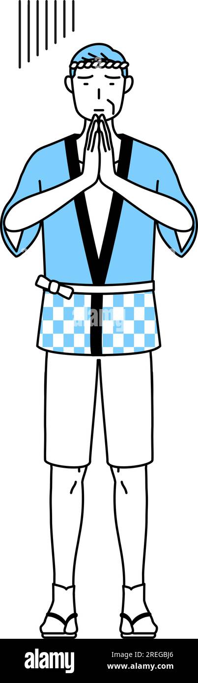 Senior man wearing Happi coat for summer festivals apologizing with his ...