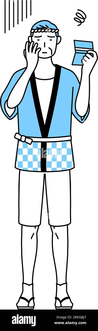 Senior man wearing Happi coat for summer festivals looking at his ...