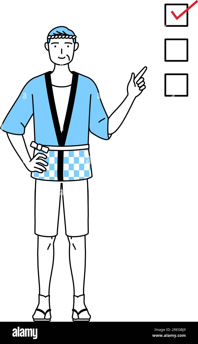 Senior man wearing Happi coat for summer festivals pointing to a ...