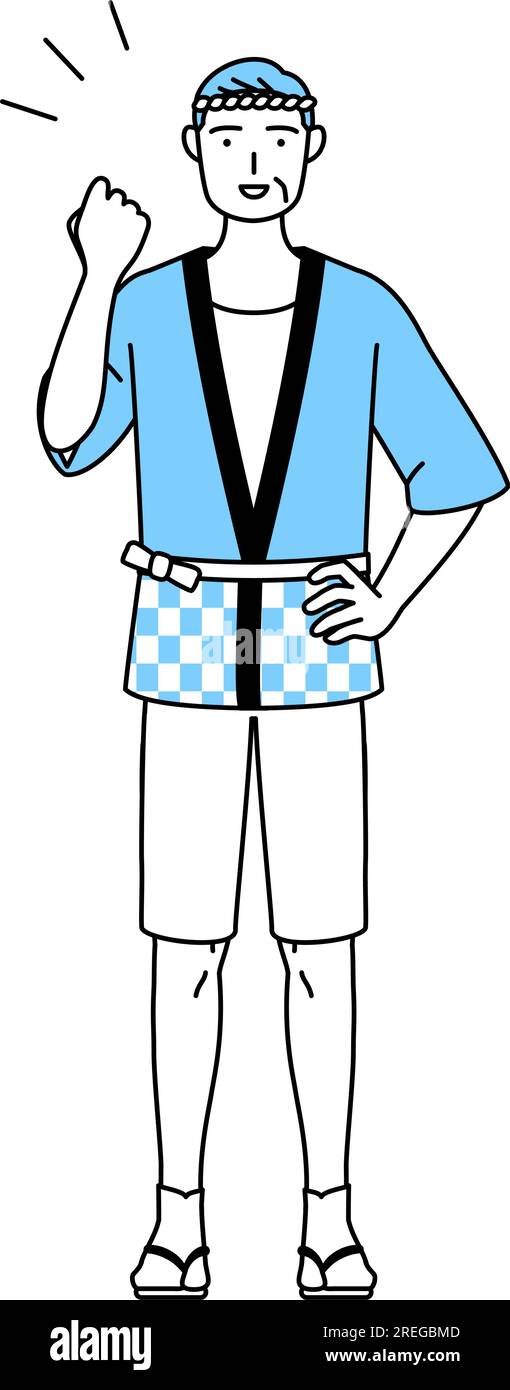 Senior man wearing Happi coat for summer festivals posing with guts