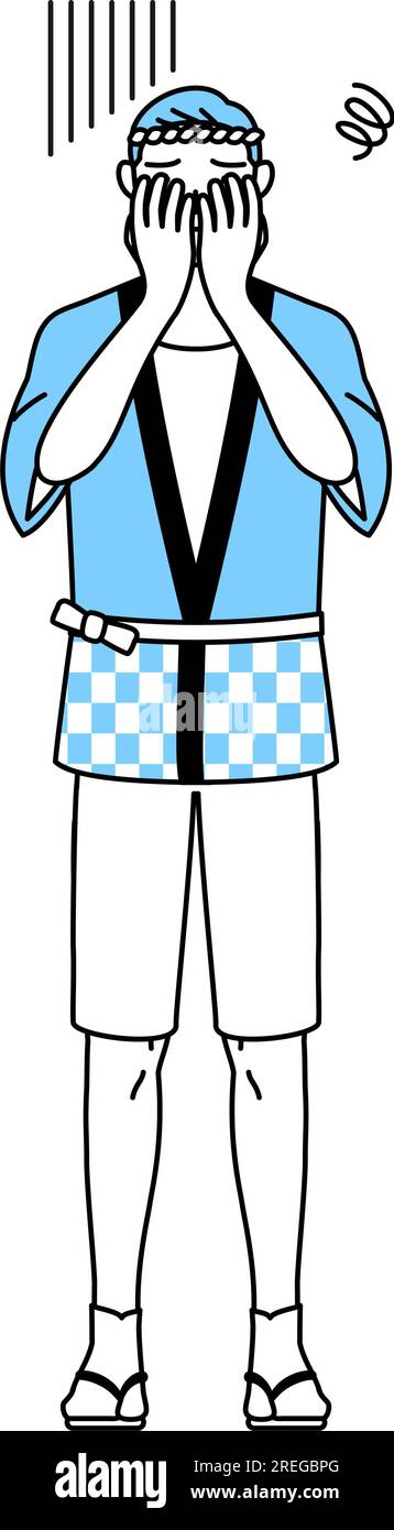 Senior man wearing Happi coat for summer festivals covering his face in ...